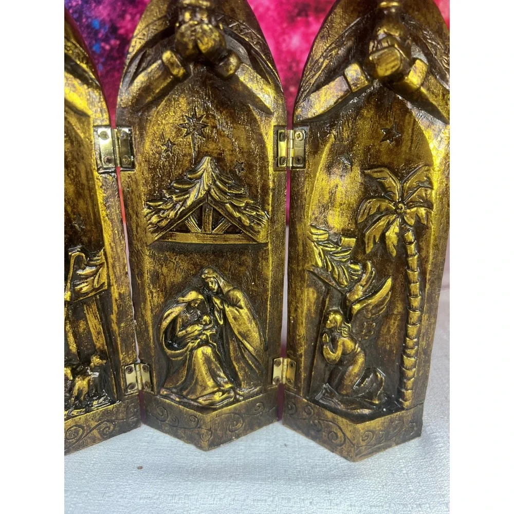 Vintage Gold Triptych Nativity Scene Folding Three Wise Men Christmas Decor 9.5